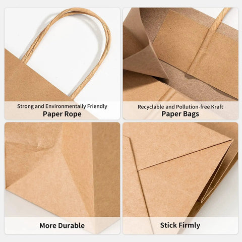 Close-up of 100 Pack Small Brown Kraft Paper Gift Bags With Handles, showing sturdy construction and recyclable paper details.