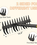 77 Inch Adjustable Bow Rake With Metal Head And 1.1 Inch Thick Stainless Steel Handle showing dual-sided steel teeth for yard work
