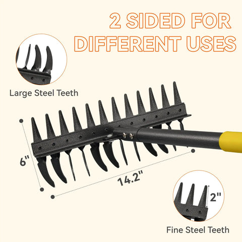 77 Inch Adjustable Bow Rake With Metal Head And 1.1 Inch Thick Stainless Steel Handle showing dual-sided steel teeth for yard work