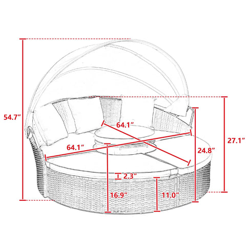 Retractable Outdoor Patio Round Wicker Rattan Daybed With Lift Table And Washable Cushions For Sun Drenched Lounge Sofa That Hits Different On Your Backyard Oasis