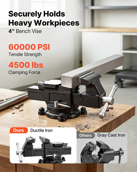 Built Like A Tank Heavy Duty Bench Vise With 4 Inch Ductile Iron Jaws And Full Rotary Swivel Base on wooden table.