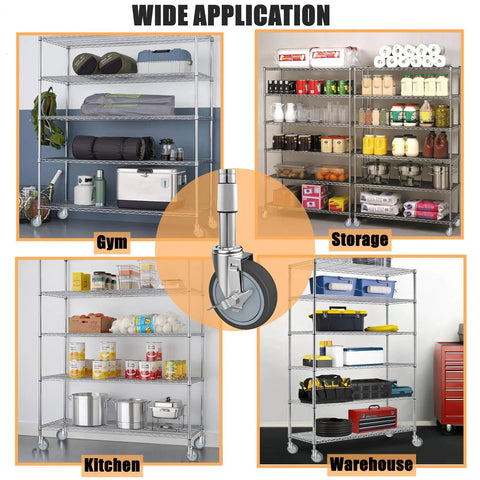 Wide application of 5 Inch Heavy Duty Caster Set With Brake For Wire Shelving Racks Replacement Wheels Four Pack in gym, storage, kitchen, warehouse.