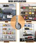 4-Inch Caster Replacement Wheels Set Of 4 For Wire Shelving Racks And Scaffolding With Brake Heavy Duty Compatibility For Metro Quantum And Uline Shelves 0.864 Inch Diameter By 2-3/16 Inch Long And 5.3 Inch Mounted Height displayed in various applications: gym, storage, kitchen, warehouse