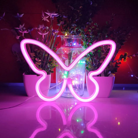 Butterfly Neon Sign LED Light USB Or 3 AA Battery Powered Pink Neon Lamp for table decor in front of plants and vase