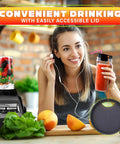 Woman enjoying a smoothie from 16 Oz Replacement Blender Cups With Lids Pack Of 2 For Protein Shakes Compatible With Bl770 Bl780 Bl660 Bl740