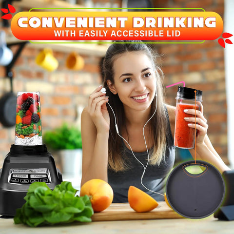 Woman enjoying a smoothie from 16 Oz Replacement Blender Cups With Lids Pack Of 2 For Protein Shakes Compatible With Bl770 Bl780 Bl660 Bl740
