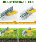 15 Inch Steel Lawn Dethatcher With Handle Heavy Duty Rake For Thatch Removal And Soil Aeration shown with adjustable rake head