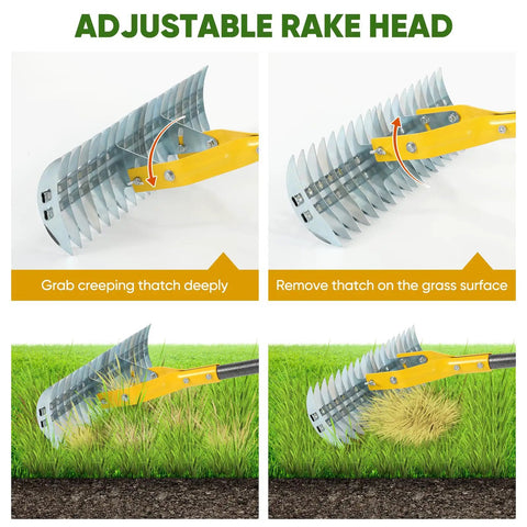 15 Inch Steel Lawn Dethatcher With Handle Heavy Duty Rake For Thatch Removal And Soil Aeration shown with adjustable rake head
