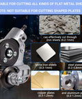 Pro Grade Electric Drill Plate Cutter for Metal Sheets with Adapter, shown with cutting capabilities on iron, steel, copper, aluminum.