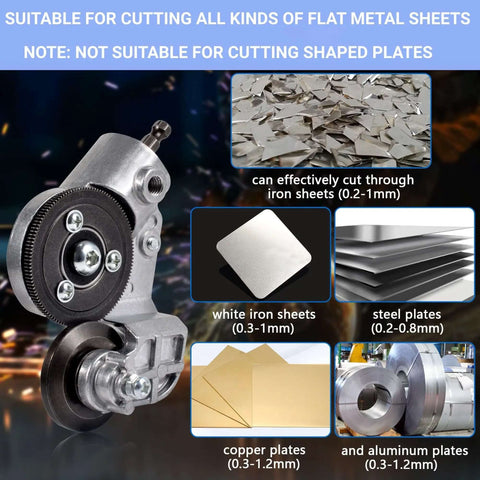 Pro Grade Electric Drill Plate Cutter for Metal Sheets with Adapter, shown with cutting capabilities on iron, steel, copper, aluminum.