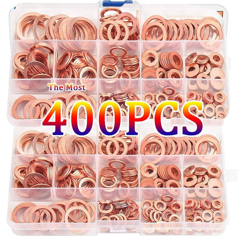 Heavy Duty Flat Copper Washers Set With Nuts And Bolts For Universal Oil Sump Plug Drain Seals Heat Resistant Ring Gaskets, 400 pcs in organizer