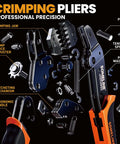 Illustration of crimping pliers with labeled parts, including crimping jaw and ergonomic handle, highlighting professional precision.