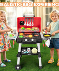 Children playing with Epic Backyard BBQ Grill Playset For Kids With Smoke Sound And Lights, Dual Layer Outdoor Kitchen Toy