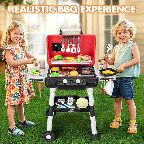 Children playing with Epic Backyard BBQ Grill Playset For Kids With Smoke Sound And Lights, Dual Layer Outdoor Kitchen Toy