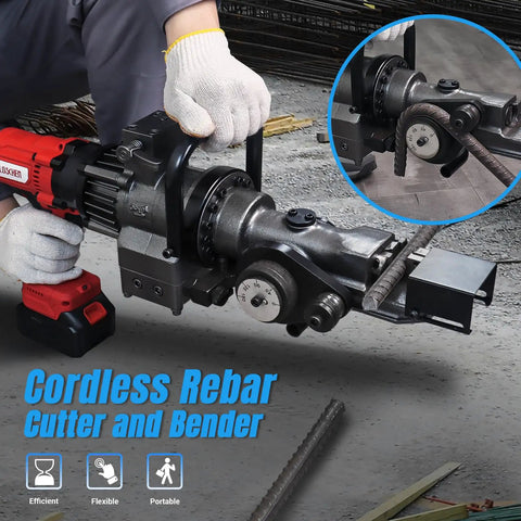 Portable Cordless Electric Rebar Cutter And Bender, hydraulic handheld cutting tool with Li-Ion battery in use, cutting rebar.