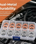 Oil Drain Plug Crush Washer Kit 100 Piece Set Copper And Aluminum Universal For Cars And Sedans in storage box on engine.