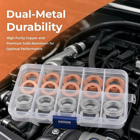Oil Drain Plug Crush Washer Kit 100 Piece Set Copper And Aluminum Universal For Cars And Sedans in storage box on engine.