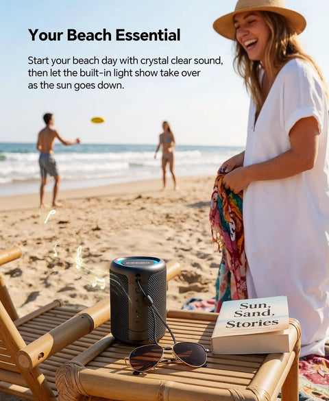 Beach Essentials Bluetooth Speaker With Crystal Clear Sound IPX5 Waterproof All Day Playtime on bamboo chair at beach