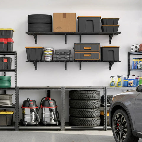 Heavy Duty 4 Pack Garage Wall Shelving Set With 1400Lb Capacity, 2x3 Ft Shelves, Wall Mounted Storage Rack, installed in garage.