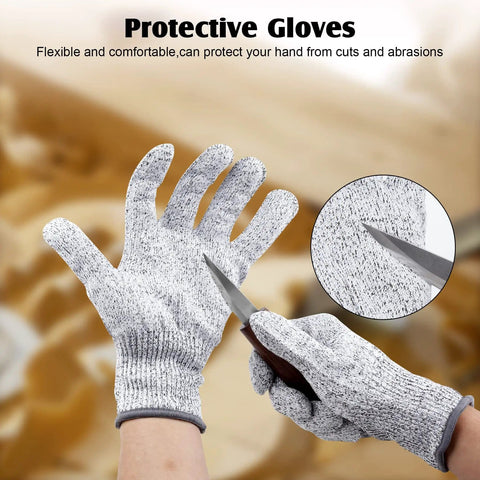 Hands wearing protective gloves using a detail carving knife, part of the All In One 26 In 1 Wood Carving Kit With Detail Carving Knife