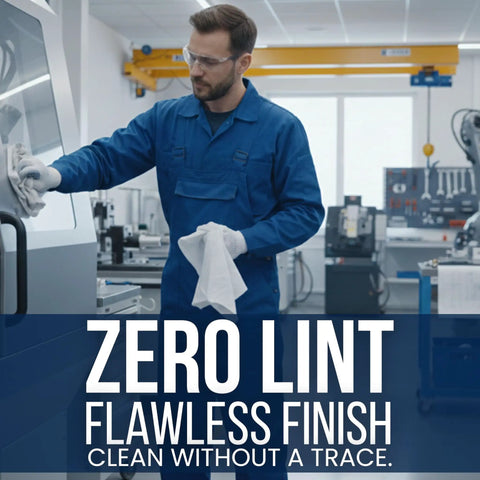 Worker using Recycled White Cleaning Rags Bulk 5 Lb Box Lint Free Cotton Cloths for Auto Shop Manufacturing and Janitorial Use