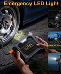 Person using Portable Tire Inflator With Digital Pressure Gauge 12V DC Air Compressor For Car Tires Bikes And Motorcycles Fast Inflation Up To 150 PSI Compact Travel Pump next to a car tire with LED light.