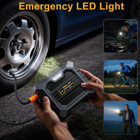 Person using Portable Tire Inflator With Digital Pressure Gauge 12V DC Air Compressor For Car Tires Bikes And Motorcycles Fast Inflation Up To 150 PSI Compact Travel Pump next to a car tire with LED light.