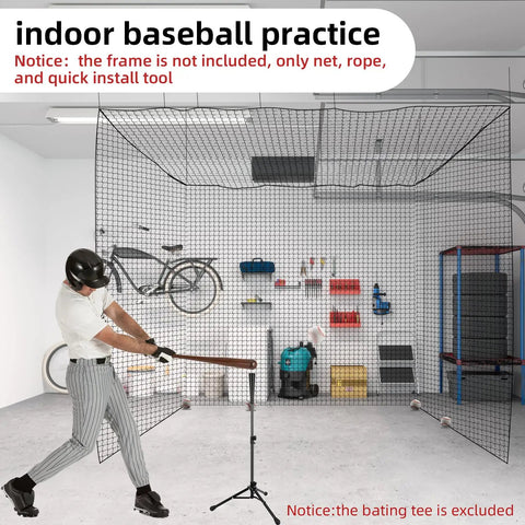 Heavy Duty 10x10x35ft Batting Cage Net for Backyard Baseball and Softball with player swinging bat indoors