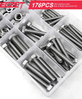 176-piece 304 stainless bolts and nuts assortment kit in a plastic organizer box with common sizes 1/4-20, 5/16-18, 3/8-16