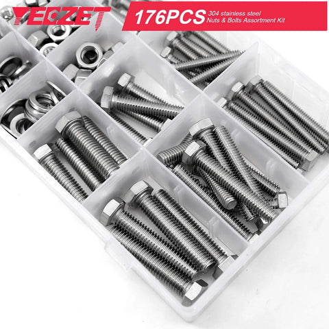 176-piece 304 stainless bolts and nuts assortment kit in a plastic organizer box with common sizes 1/4-20, 5/16-18, 3/8-16