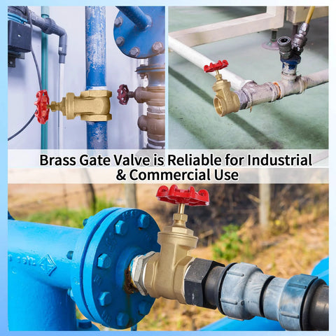 Brass gate valve 3/4'' NPT with red wheel handle; front and installed views on blue piping.