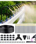 100Ft 360 Degree Adjustable Garden Irrigation System with 18 nozzles and 1/4 inch tubing on a garden fence spraying mist