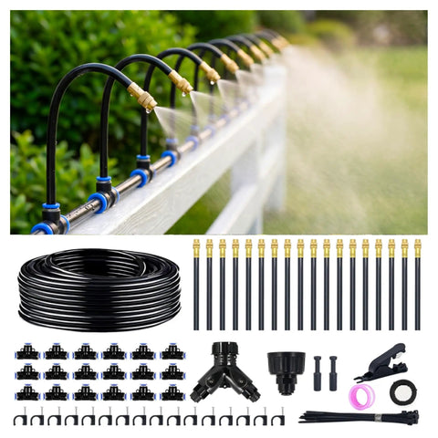 100Ft 360 Degree Adjustable Garden Irrigation System with 18 nozzles and 1/4 inch tubing on a garden fence spraying mist