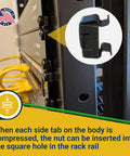 Black 10-32 Slide-In Cage Nuts For Server Rack Hardware And Equipment Mounting With Snug Snap Fit Design Built Tough For A Smooth Install Bulk Pack Of Fifty Standard Thread Fasteners Made In USA inserted into rack rail square hole.