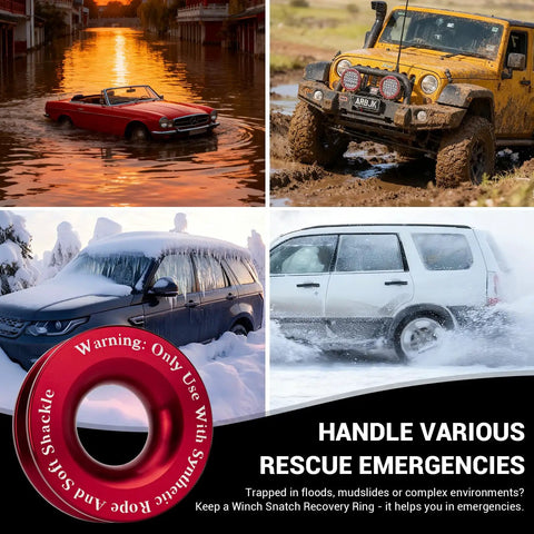 2 Piece Winch Snatch Block Pulley Recovery Ring Kit With Soft Shackle For Rope Pulley Built For ATV UTV SUV Truck Off Road Heavy Duty 66,000 LBS Beefed Up Winch Accessories In Red, red aluminum recovery ring for flood and mud vehicle rescue