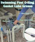 Swimming pool O-ring gasket lube grease on filter unions, salt cell unions, and pump basket O-rings