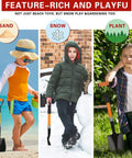 28 Inch Mini Garden Shovel With Fiberglass Handle And D Grip held by kids in sand, snow, and garden settings
