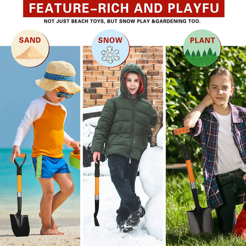 28 Inch Mini Garden Shovel With Fiberglass Handle And D Grip held by kids in sand, snow, and garden settings