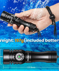 Hand holding DL02 Scuba Dive Light Beast Mode Power 3000 Lumens 6500K Cool White Beam with rotary magnetic switch in water