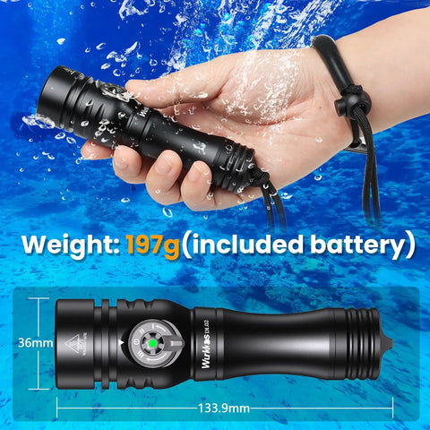 Hand holding DL02 Scuba Dive Light Beast Mode Power 3000 Lumens 6500K Cool White Beam with rotary magnetic switch in water