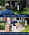 Dual Sided Solar Address Plaque With LED Lights outside home and delivery man with packages, address sign on stakes, visible house number.