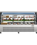Top Shelf 82 Inch Commercial Deli Case And Meat Display Refrigerator With Heavy Duty Stainless Steel Curved Glass Front LED Strip Lights Rolling Casters And 32 Cubic Feet Cold Storage For Your Counter displaying meats and packaged foods.