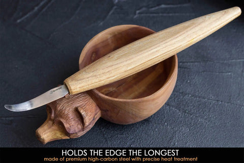 Dead Reliable Wood Carving Hook Knife For Spoon Whittling And Bowl Crafting Single Bevel Razor Sharp High Carbon Steel Blade placed on curved wooden bowl.