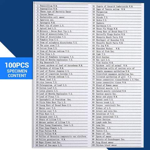 List detailing 100 Prepared Microscope Slides With Specimens For Kids And Adults Bacteria Fungus Human Tissues Mitosis Plants