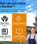 Man standing with thumbs up in front of garden fencing, text on customer service features including value, response, and customization.