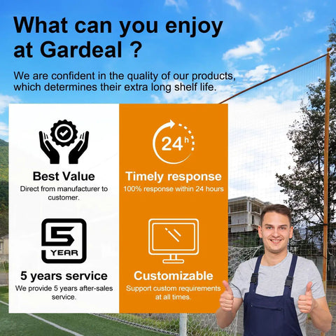Man standing with thumbs up in front of garden fencing, text on customer service features including value, response, and customization.