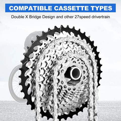 Heavy Duty Hollow Link Bike Chain For Road BMX Mountain Bikes 21 24 27 Speed Compatibility 116 Links Rust Resistant Steel Chain Built To Last Through Tough Trails displayed with cassette gear