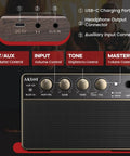 Control knobs of 10W Portable Guitar Amp With Rechargeable Battery, showcasing Clean and Drive Channels, USB-C, Aux In, and wireless audio.