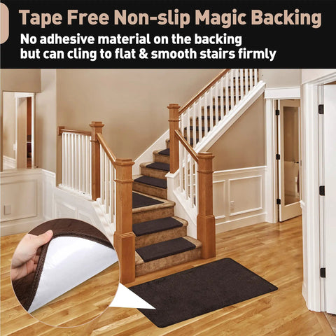 Ultra Plush Carpet Stair Tread Mat Soft Shag Non Slip Gel Backing Clings To Stairs Tape Free No Glue Dark Brown 2x3 ft stairs
