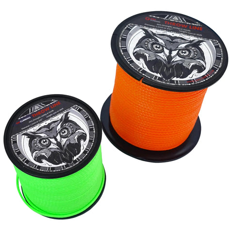 GM Climbing Throw Line 2.2mm 180ft Orange UHMWPE Cord, 1000lb Strength spools on black bases, side by side view.